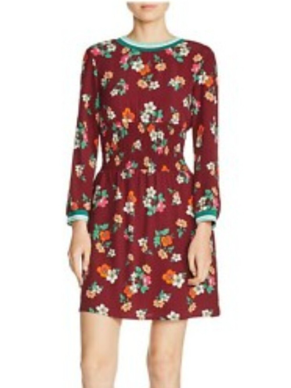 MAJE | Floral Smocked Waist Long Sleeve Dress in Burgundy